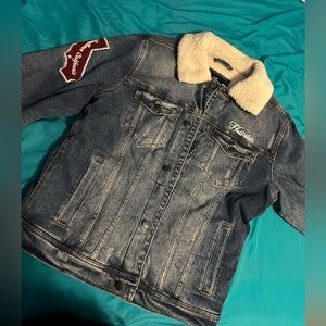 Hollister sherpa lined denim varsity trucker jacket
